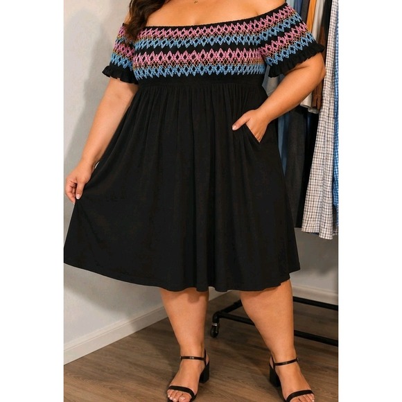 torrid Dresses & Skirts - Torrid Woman's Black smocked off-shoulder dress,Embroidery Detail,Plus Size 4